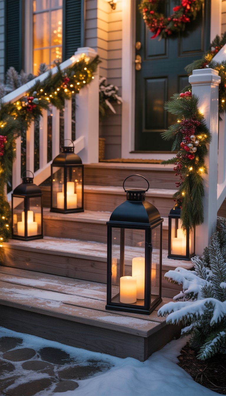 Front porch steps and entrance decorated with lanterns holding flickering flameless candles, greenery, and holiday lights creating a warm and welcoming Christmas scene.
