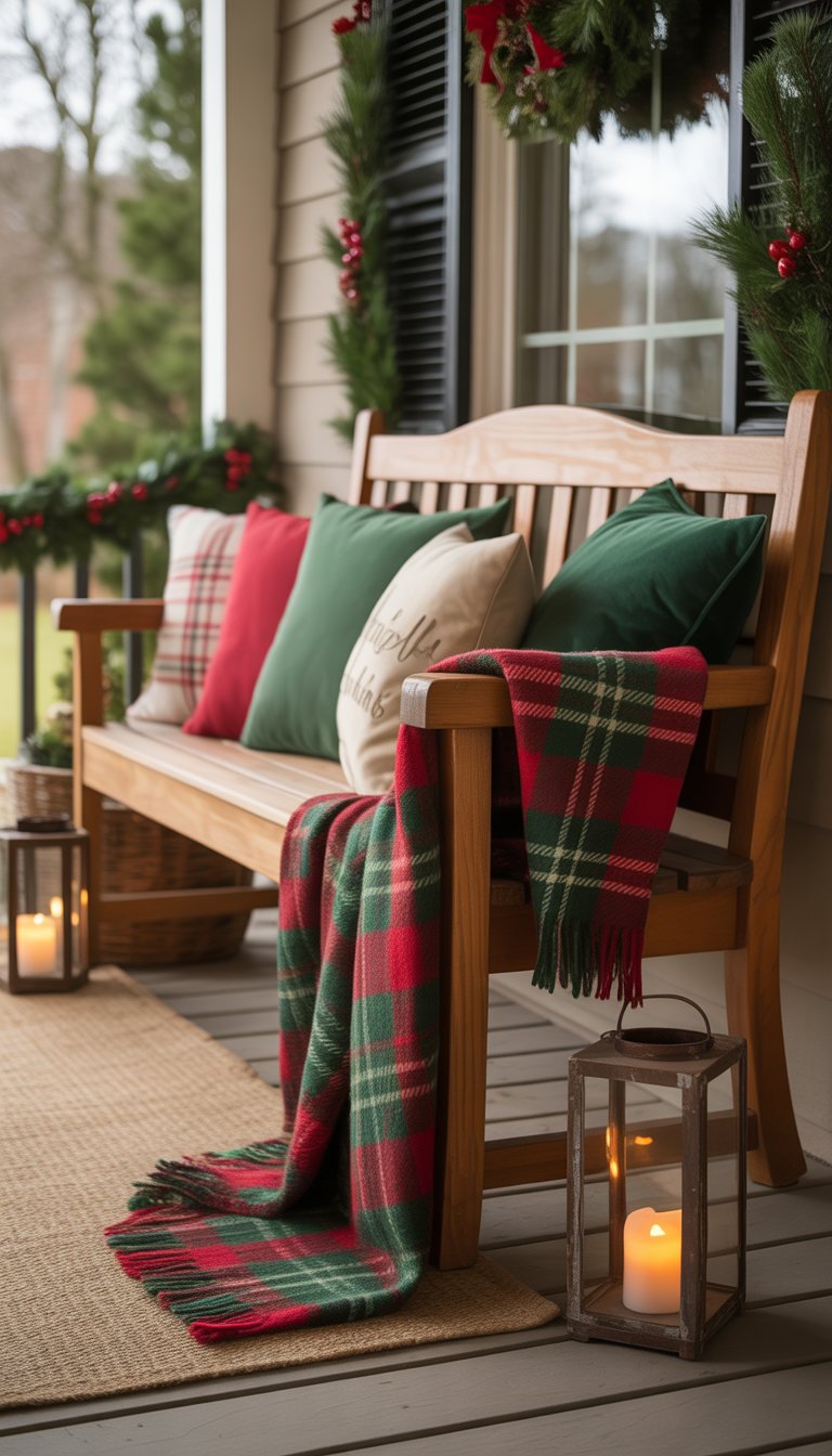A front porch bench with a plaid throw blanket and several throw pillows surrounded by Christmas decorations including a wreath, pine garlands, and lanterns.