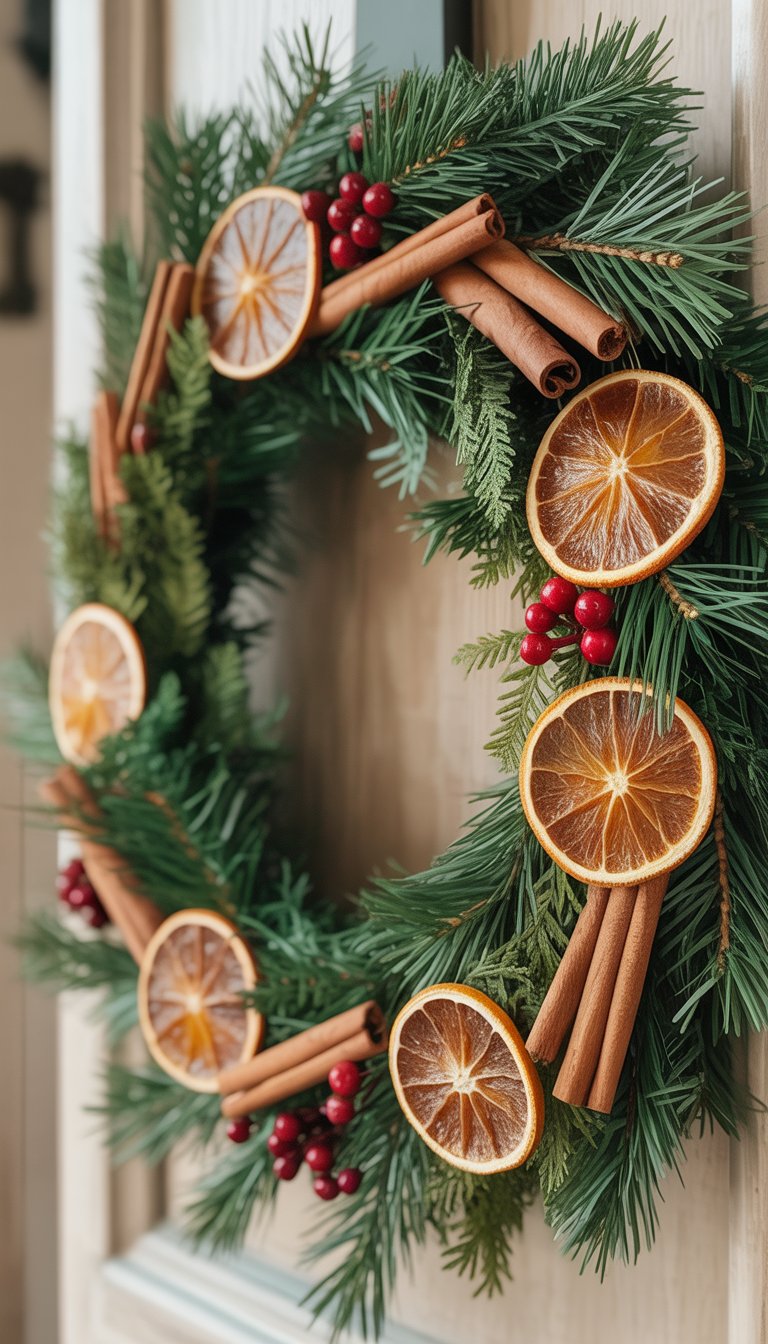 A Christmas wreath decorated with cinnamon sticks, dried orange slices, pine branches, and red berries hanging on a front porch.