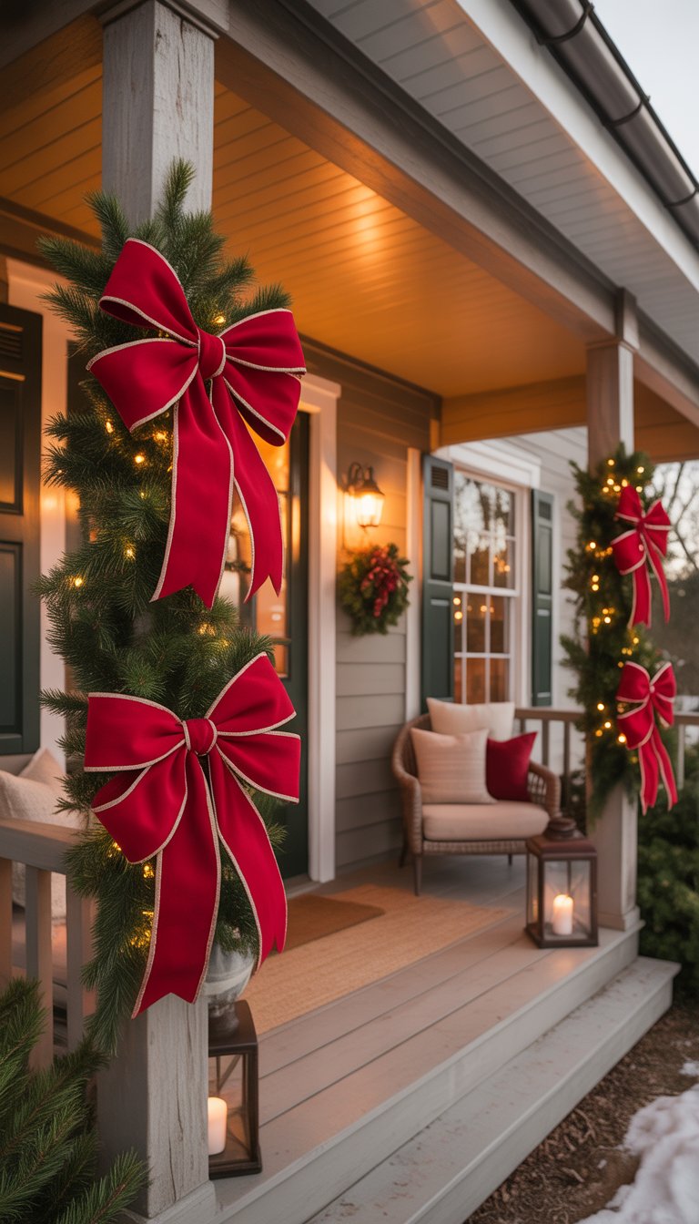 Front porch decorated with large rustic red bows tied to porch posts and other Christmas decorations.