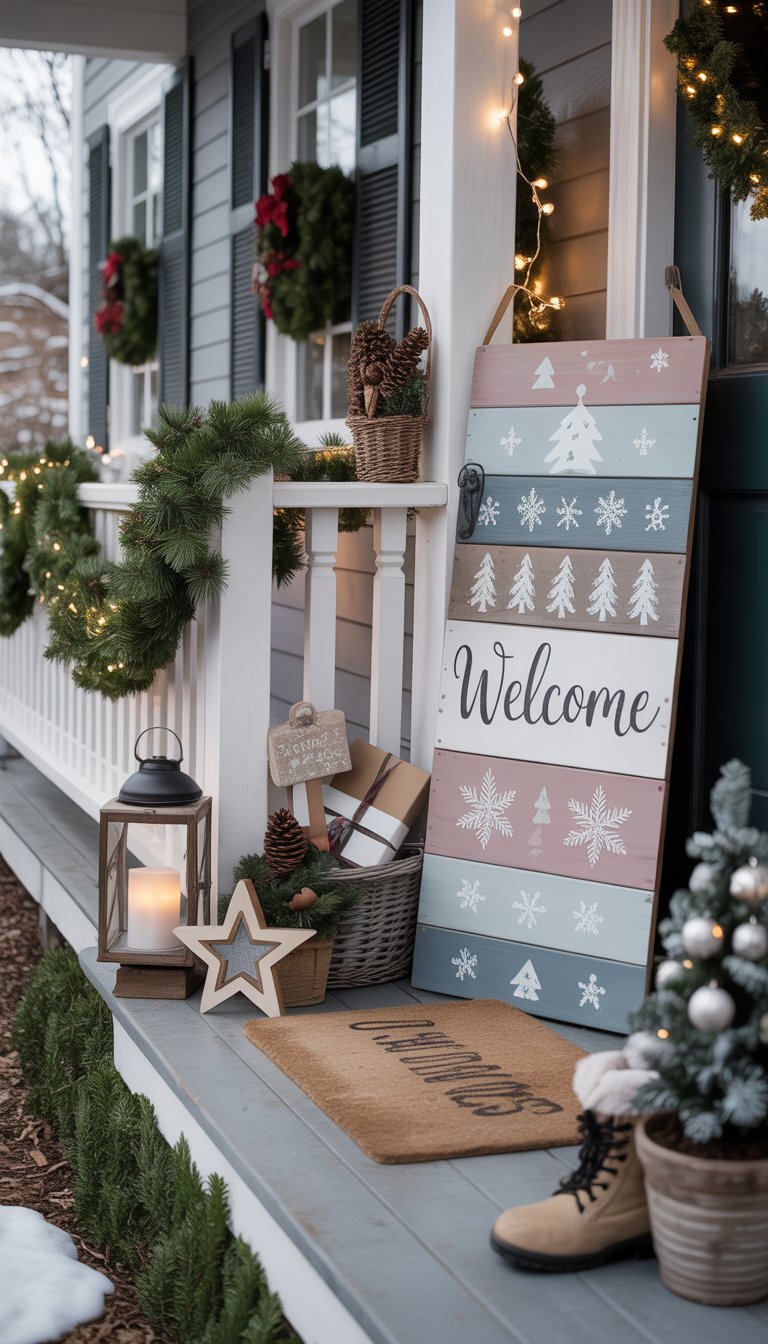 Front porch decorated for Christmas with a wooden welcome sign and various holiday decorations near the door.