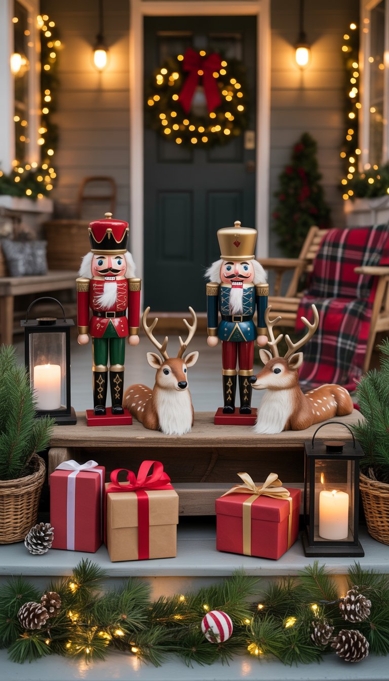 A front porch decorated for Christmas with vintage nutcracker figurines, reindeer statues, string lights, wreaths, pine garlands, lanterns, wrapped gifts, and festive ribbons.
