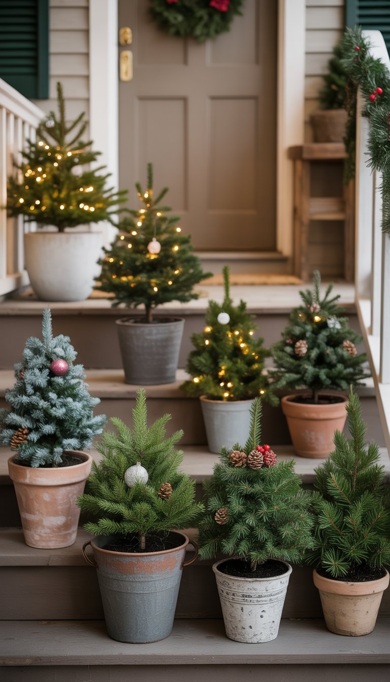 A small front porch decorated with miniature Christmas trees in weather-resistant pots, arranged with holiday ornaments and lights.