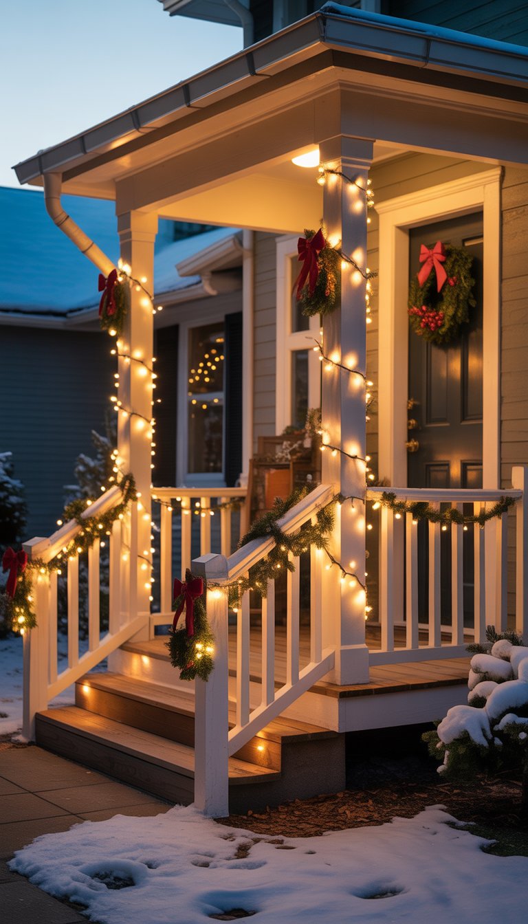A small front porch decorated with twinkling string lights wrapped around railings and columns, with festive greenery and a light dusting of snow.