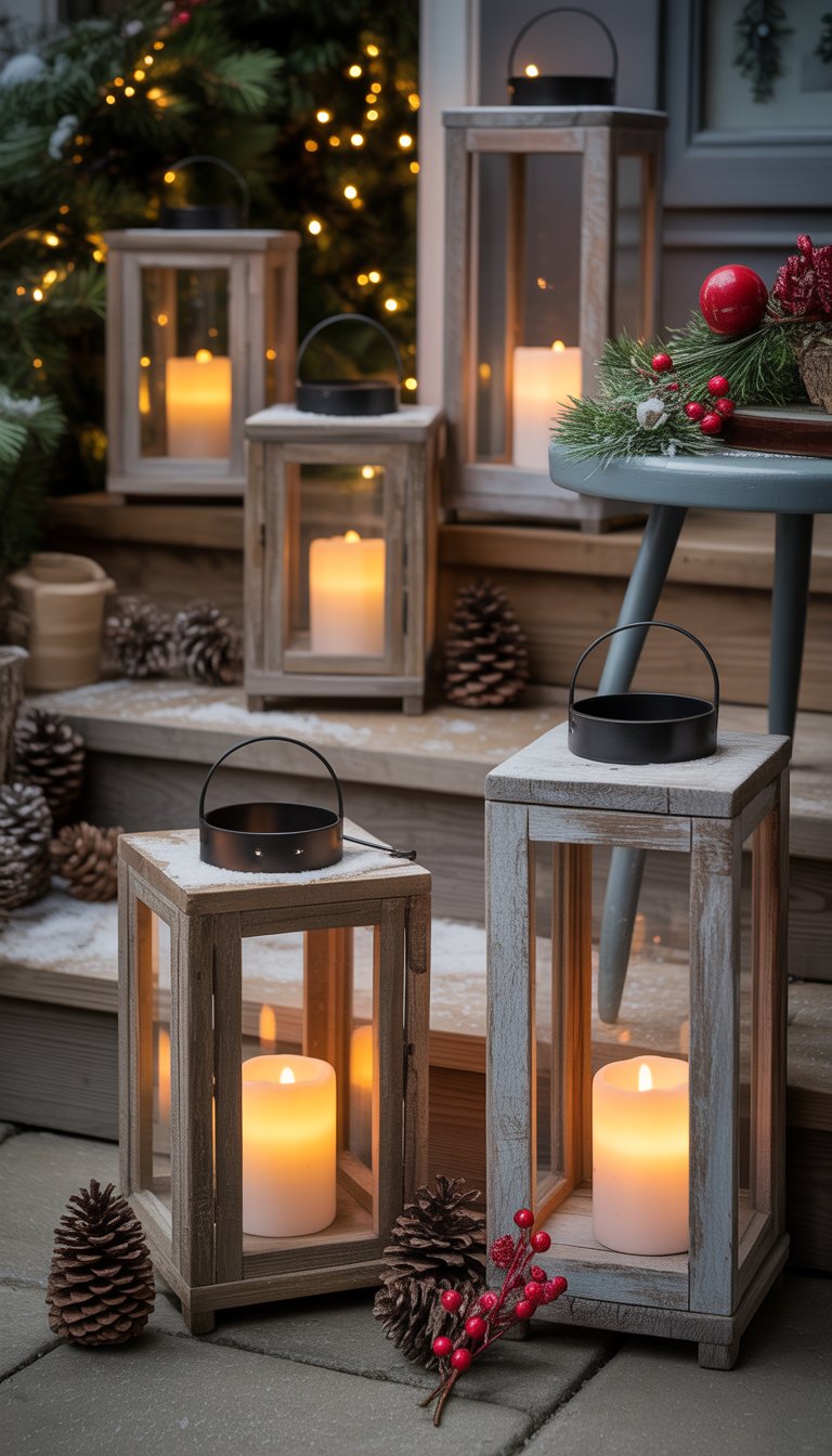 Front porch decorated with rustic wooden lanterns containing flameless candles and various small Christmas decorations.