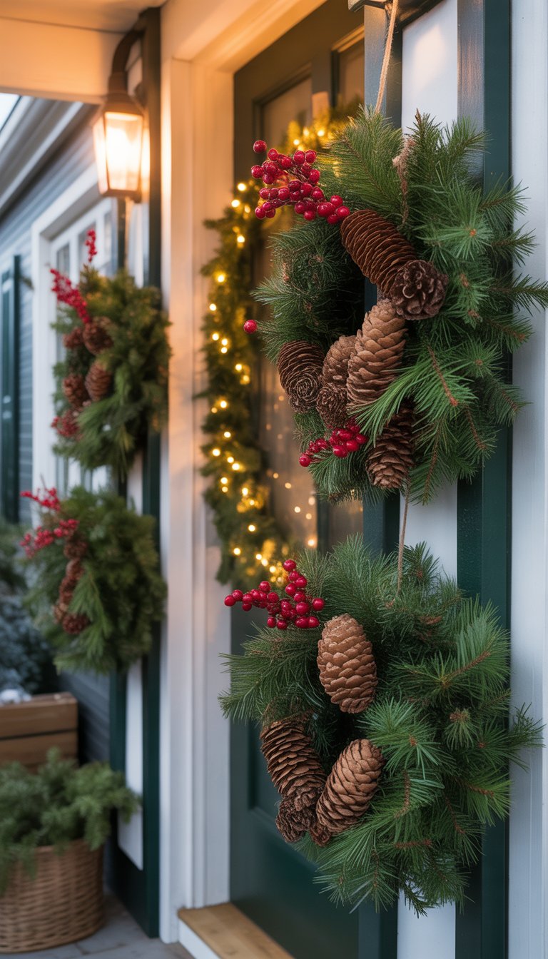 A front porch decorated with vertical wreaths made of pinecones and red berries hanging on the walls for Christmas.