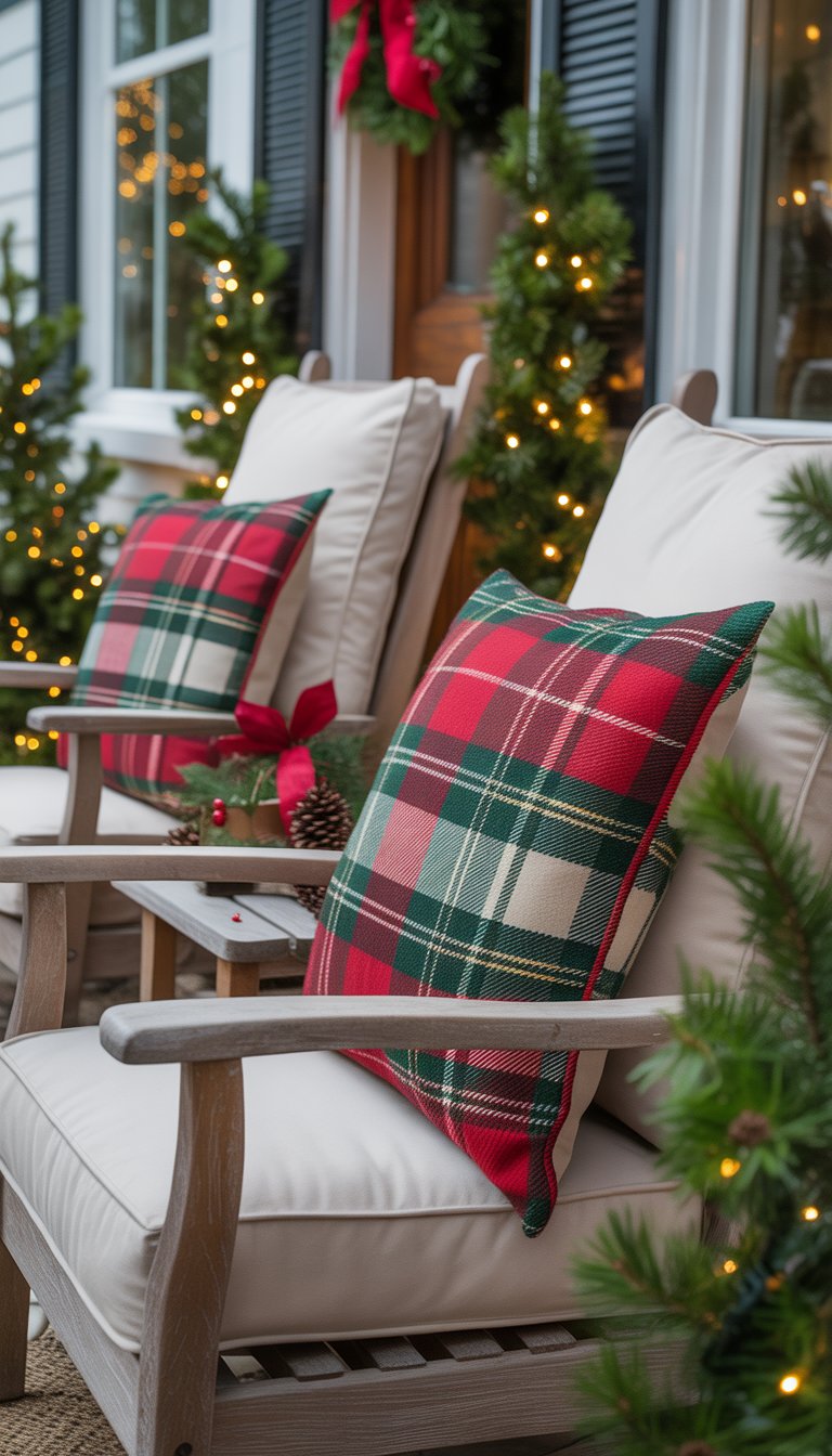 A small front porch with chairs featuring plaid throw pillows and Christmas decorations including pine garlands and string lights.