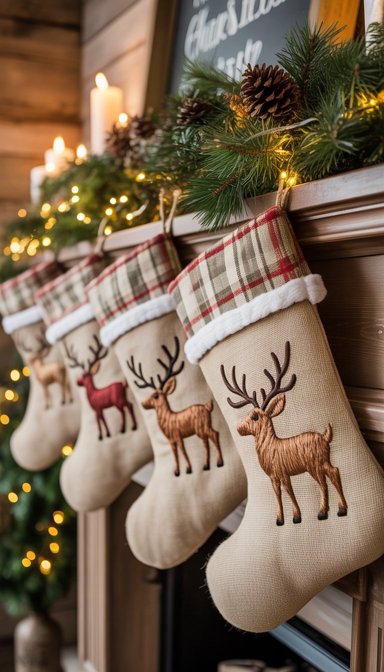 A Christmas mantle decorated with burlap stockings featuring reindeer embroidery, greenery, pine cones, and string lights.