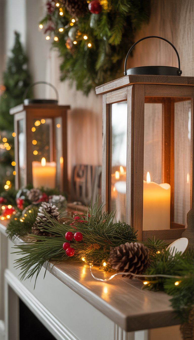 A Christmas mantle decorated with vintage wooden lanterns holding glowing candles, pine branches, pinecones, and red berries.