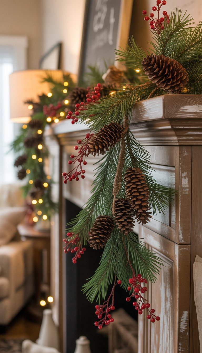 A Christmas mantle decorated with a distressed wood garland featuring pinecones and red berries.