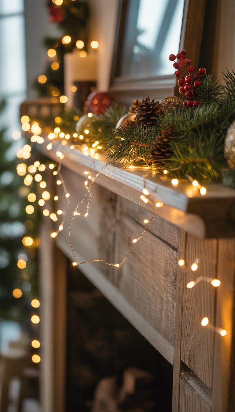 A farmhouse mantel decorated with flickering LED fairy lights, pine garlands, pinecones, and Christmas ornaments.