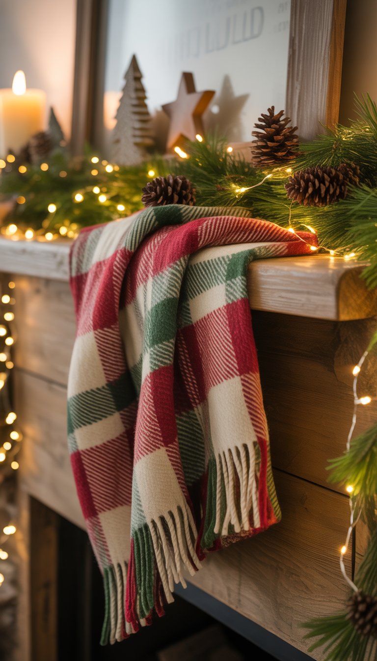 A woven plaid throw blanket draped over a wooden mantel decorated with pine garlands, pine cones, fairy lights, and candles for Christmas.