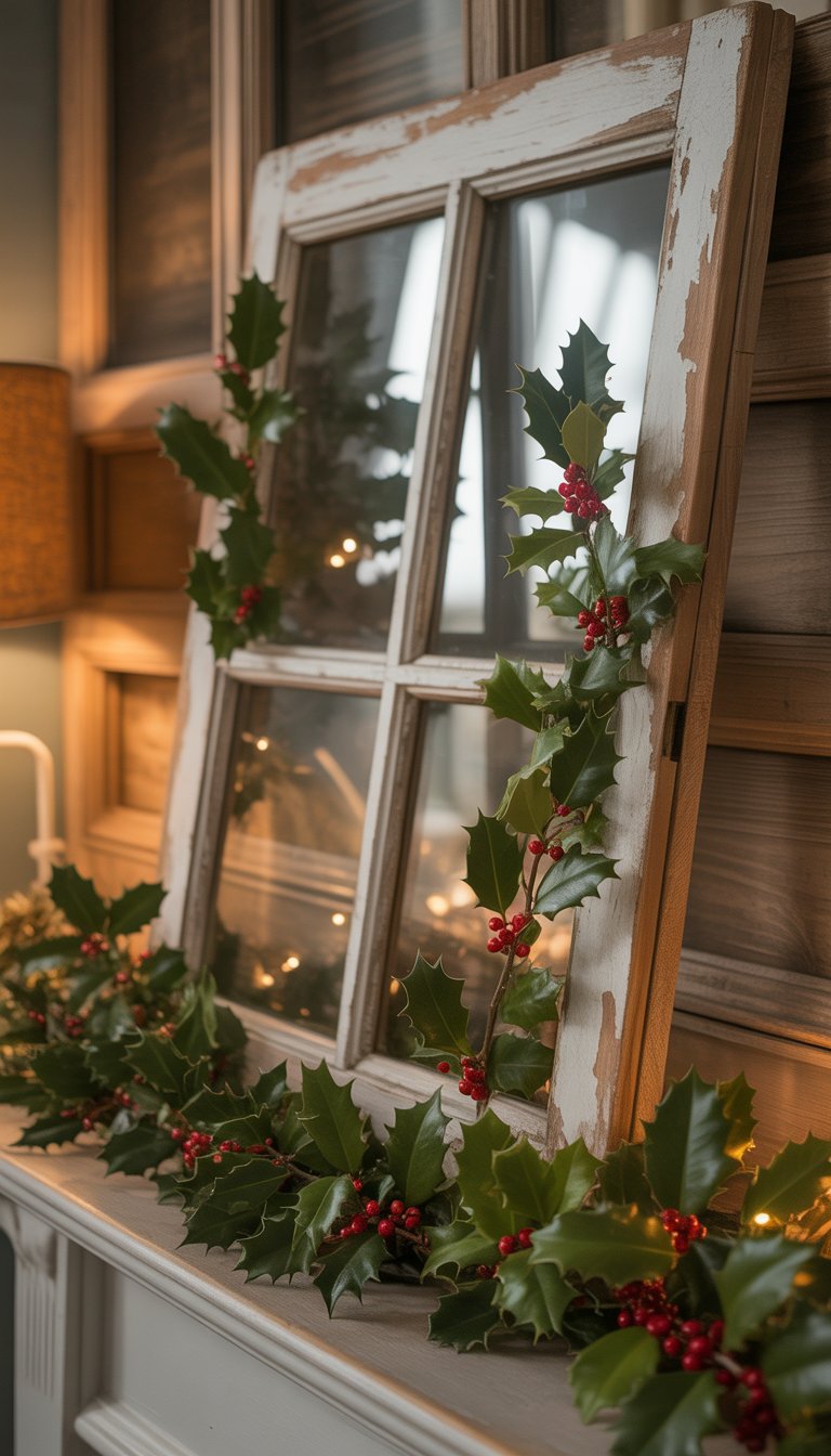 An antique wooden window frame decorated with sprigs of holly and red berries on a Christmas mantle.