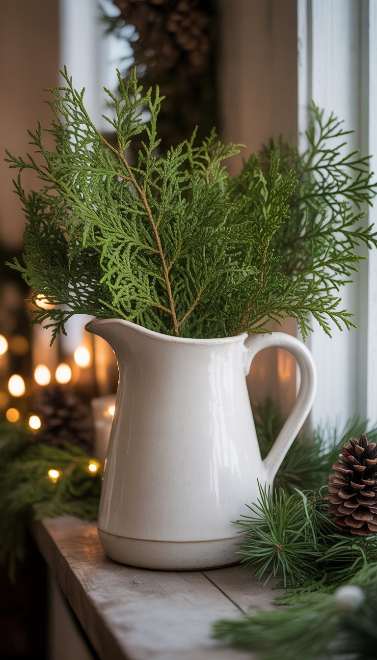 A white ceramic pitcher filled with evergreen branches sitting on a decorated Christmas mantle.