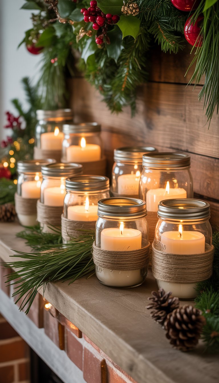 A Christmas mantle decorated with mason jar candle holders wrapped in twine, surrounded by pine branches, berries, and pinecones.