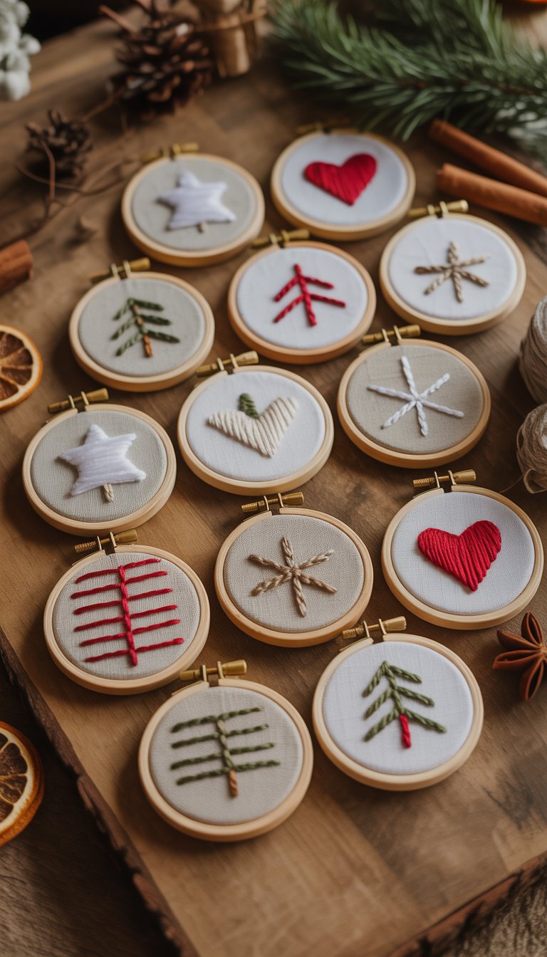 Twelve small embroidery hoop Christmas ornaments with simple farmhouse patterns arranged on a wooden surface with holiday decorations around them.