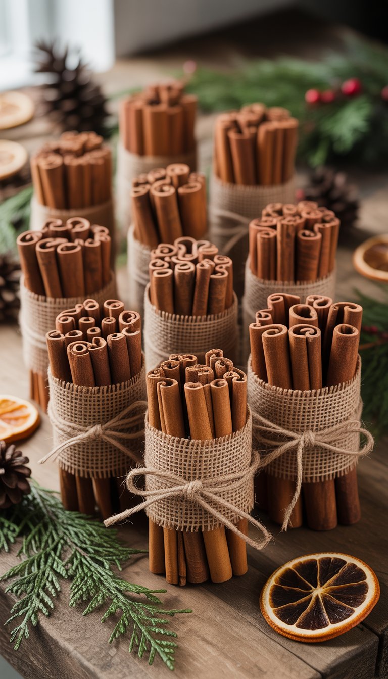 Twelve bundles of cinnamon sticks tied with burlap ribbons arranged on a wooden surface with pinecones and evergreen sprigs.