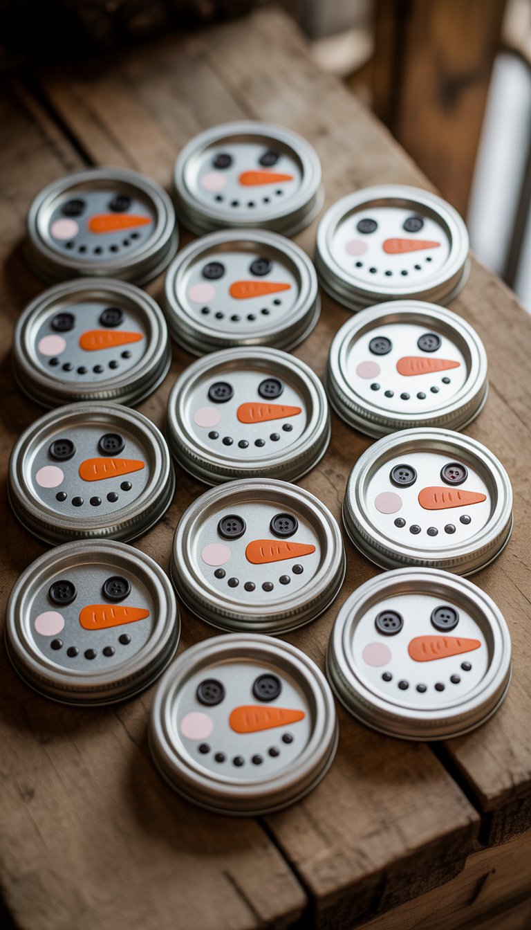 Twelve mason jar lid snowman face Christmas ornaments with button eyes and carrot noses arranged on a wooden surface.