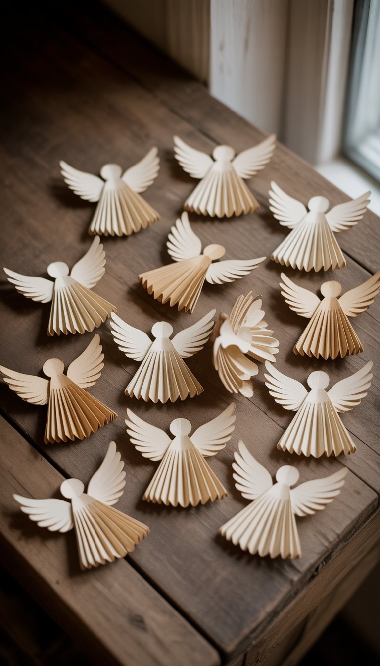 Twelve handmade paper angel ornaments with aged edges arranged on a wooden surface.