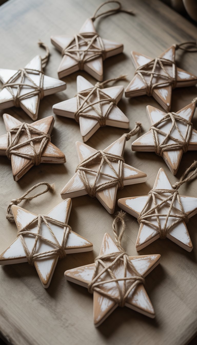 Twelve rustic star-shaped Christmas ornaments wrapped in twine with white paint distressing arranged on a wooden surface.