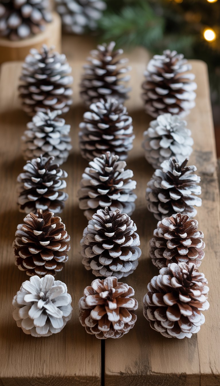 Twelve natural pinecone Christmas ornaments lightly dusted with white paint arranged on a wooden surface.