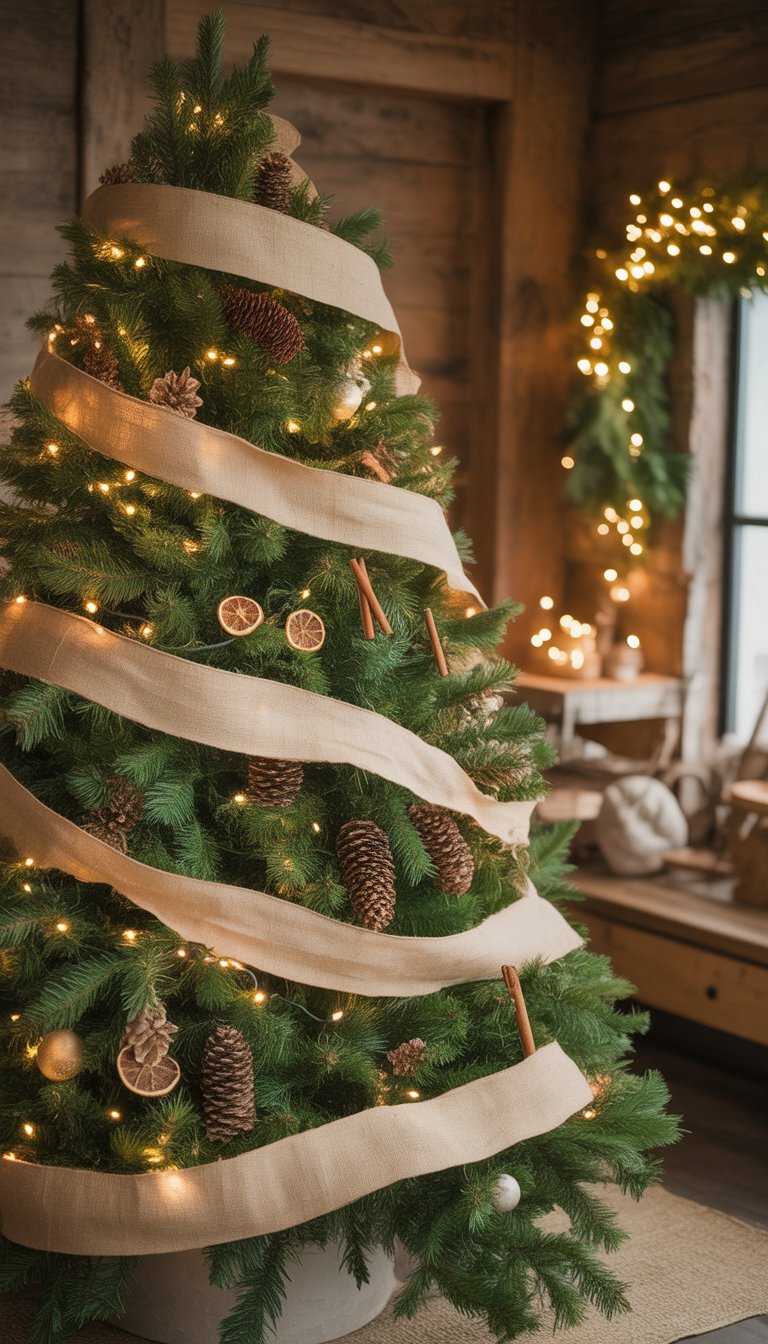 A Christmas tree decorated with burlap ribbon garland, pine cones, and natural ornaments in a cozy room with wooden walls.