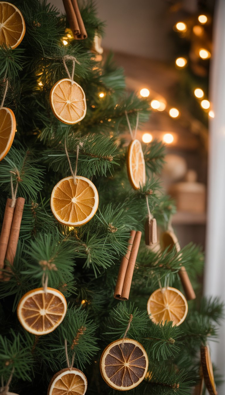 A Christmas tree decorated with dried orange slices and cinnamon sticks.
