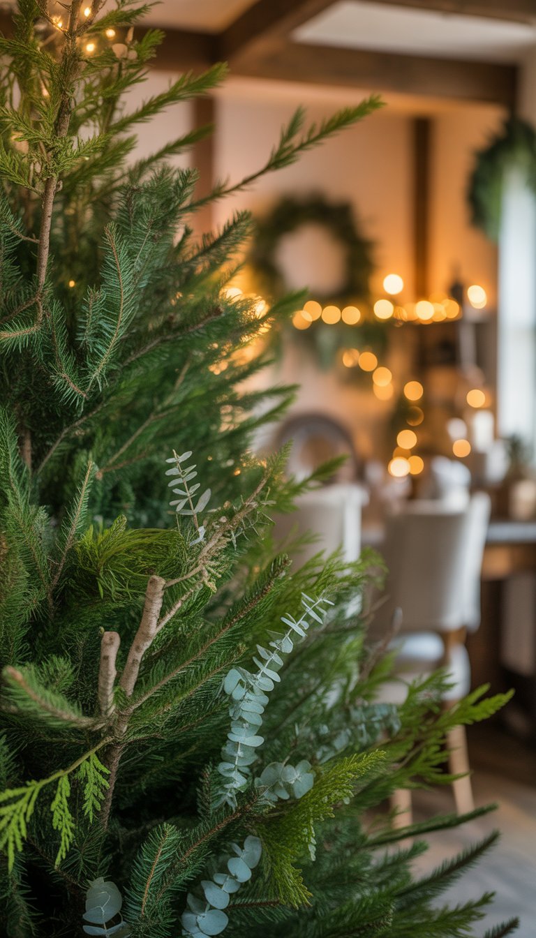 A rustic farmhouse Christmas tree decorated with small sprigs of eucalyptus and pine greenery.