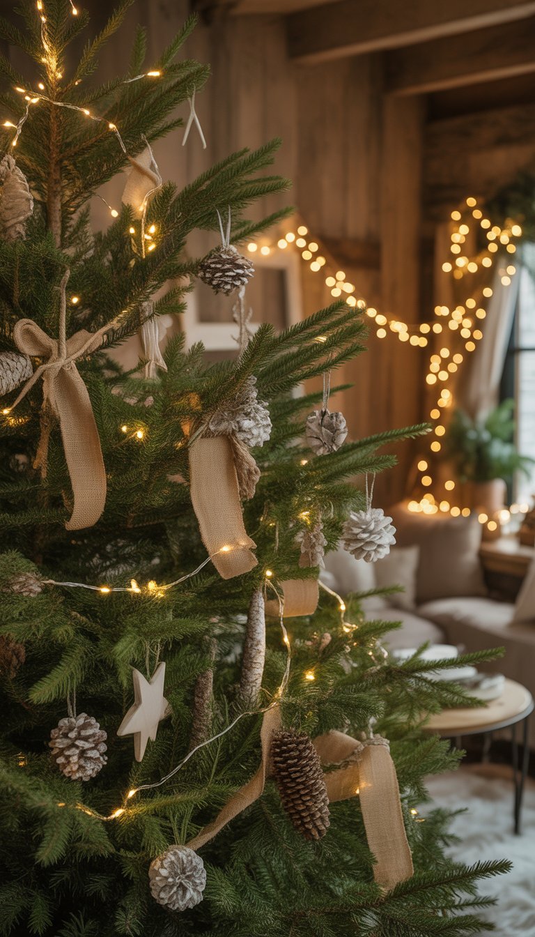 A Christmas tree wrapped with soft white fairy lights and decorated with rustic ornaments in a cozy farmhouse setting.