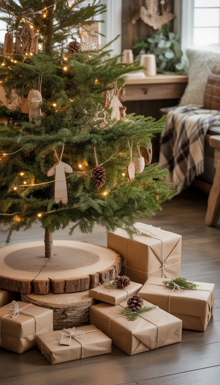 A decorated Christmas tree standing on a natural wood slice tree skirt surrounded by wrapped presents and farmhouse decor.