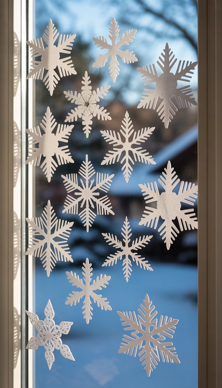 Fourteen frosted paper snowflake cutouts arranged on a window with a snowy outdoor scene visible through the glass.