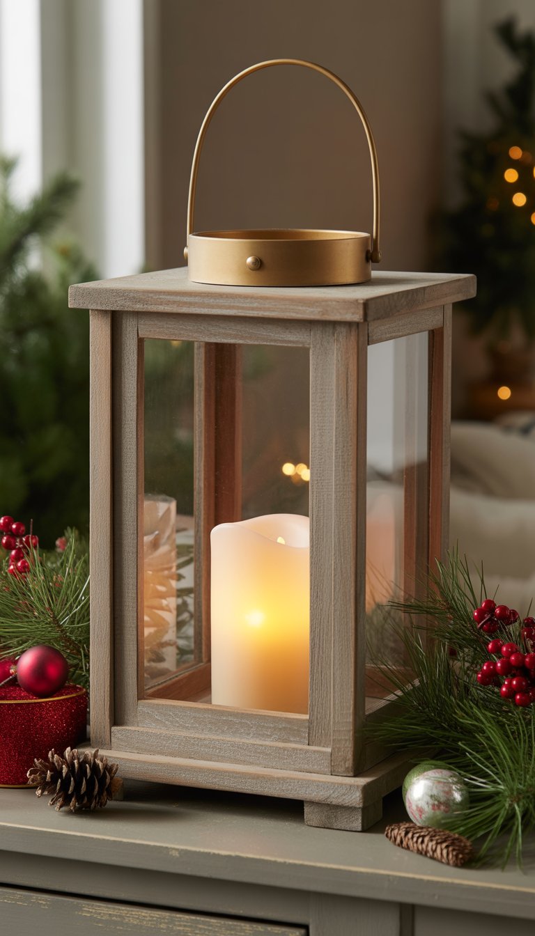 A rustic wooden lantern with a glowing battery-operated candle on a decorated Christmas entryway table with pine branches, red berries, and pinecones.