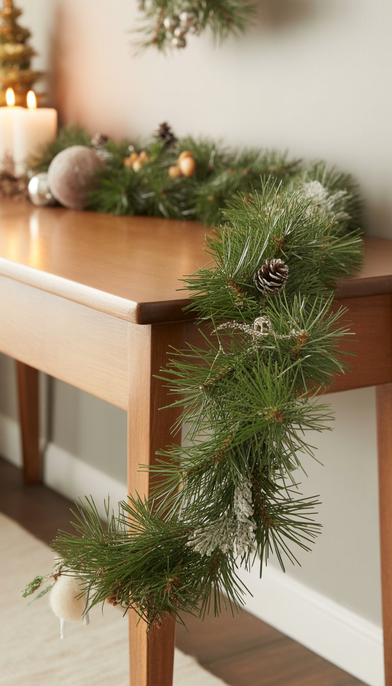Miniature faux pine garland draped along the edge of a wooden entryway table with holiday decorations in the background.