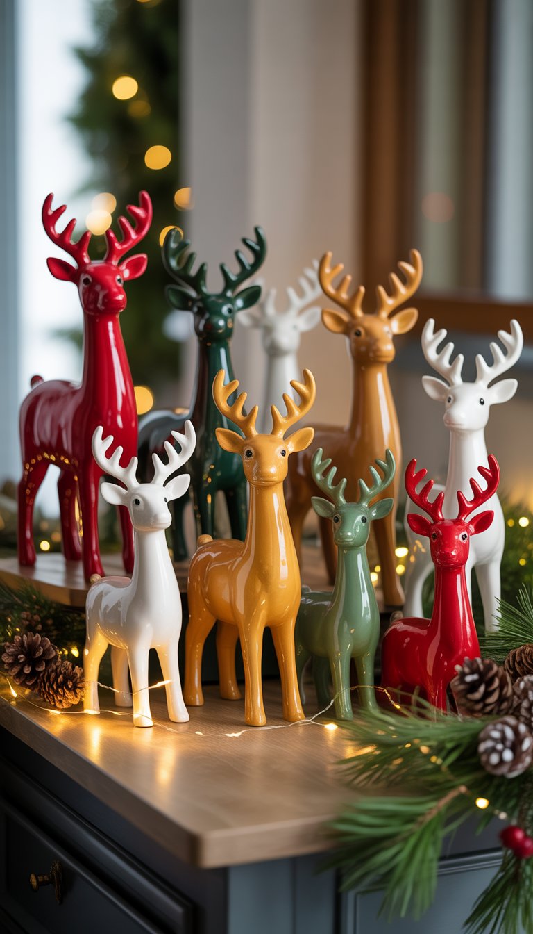 A collection of hand-painted ceramic reindeer figurines displayed on a decorated Christmas entryway table.