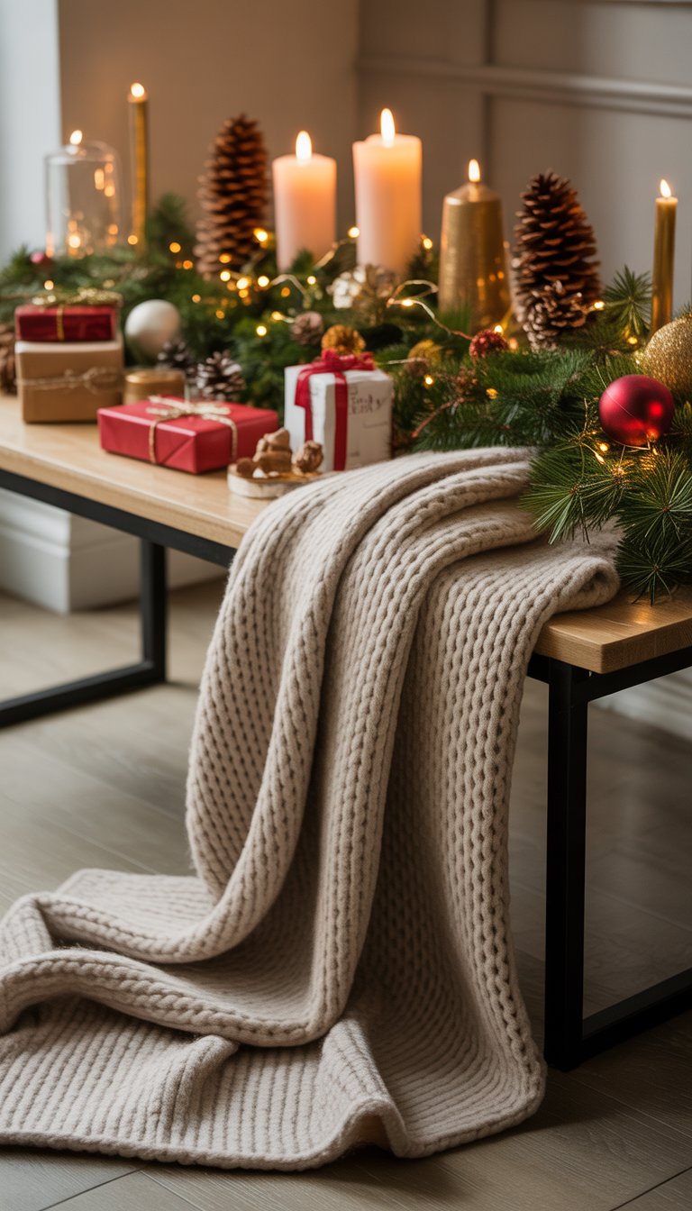 A cozy knit throw blanket draped near a Christmas decorated entryway table with festive ornaments and candles.