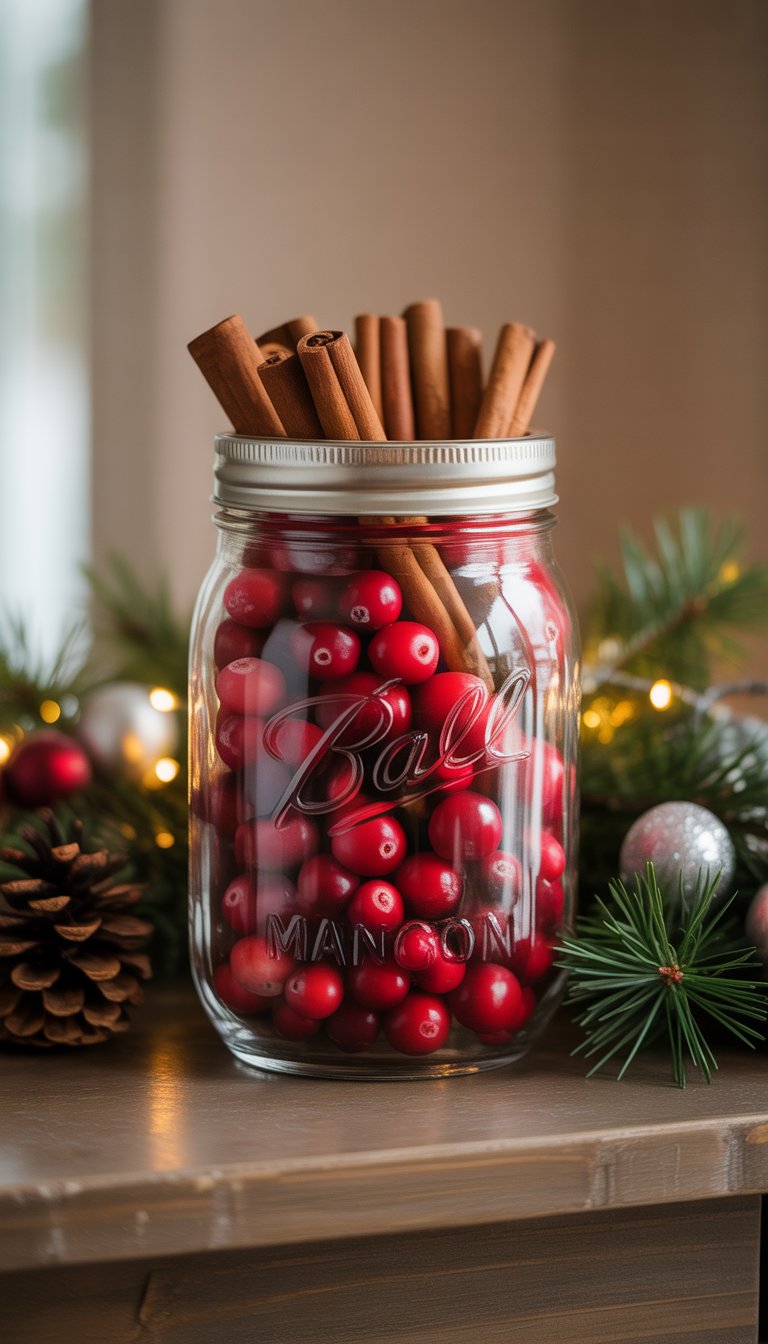 A Mason jar filled with cinnamon sticks and cranberries sitting on a decorated wooden entryway table with pine branches and pine cones.