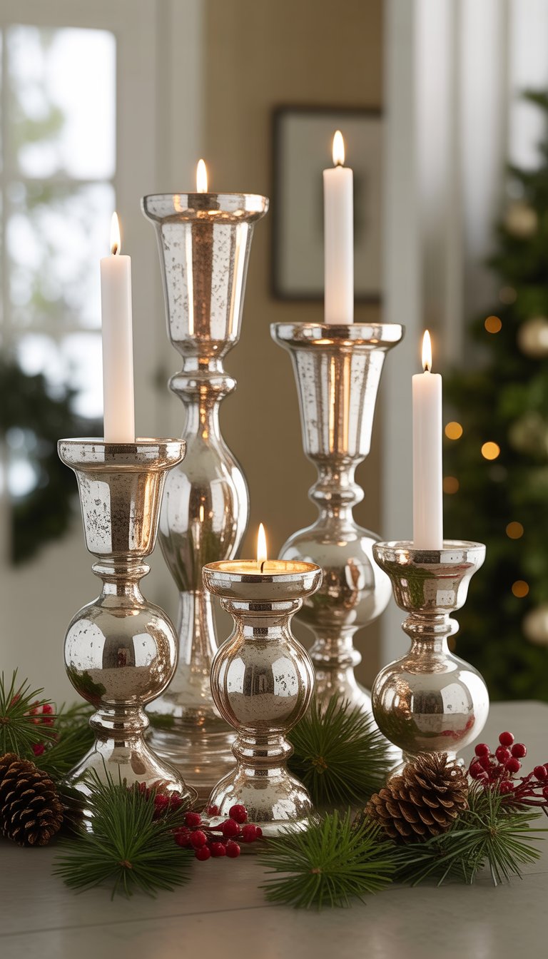 A set of mercury glass candle holders of different heights with lit candles on a decorated Christmas entryway table.