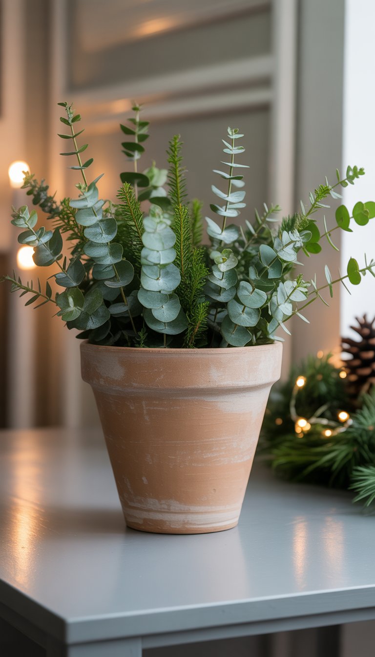 A simple clay pot holding fresh eucalyptus sprigs on an entryway table with Christmas decorations.