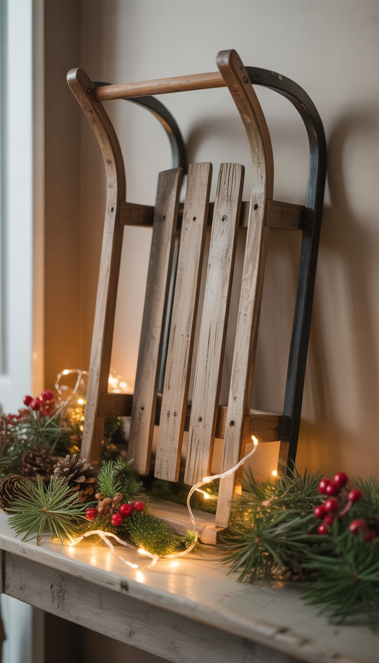 Small vintage wooden sled leaning against a wall next to a Christmas decorated entryway table with pine branches and lights.