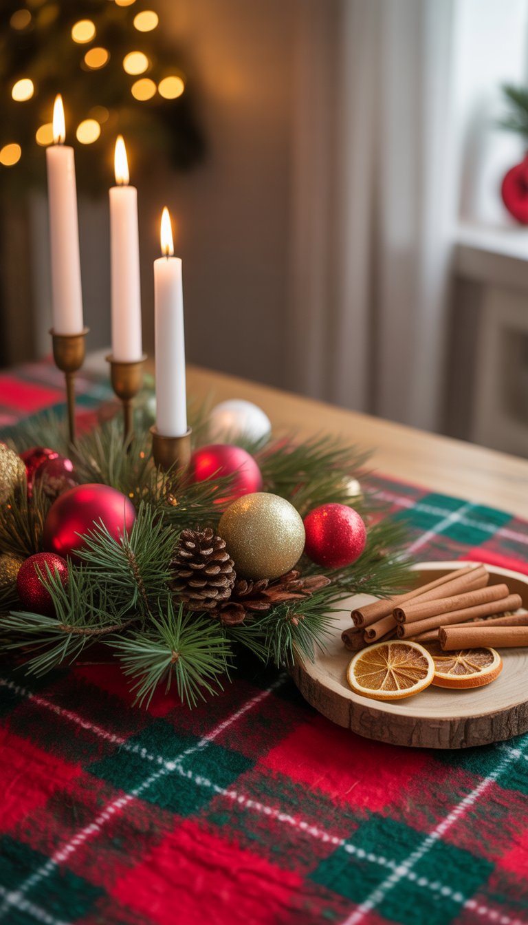An entryway table decorated for Christmas with a red and green plaid runner, pine branches, ornaments, candles, and festive natural elements.