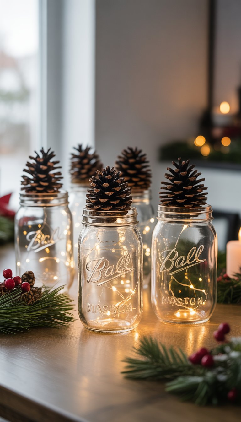 Several Mason jars filled with fairy lights and topped with pinecone lids arranged on a wooden table with Christmas decorations.