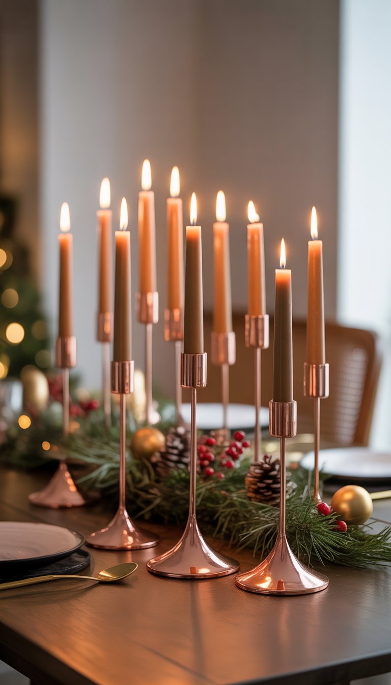 A long wooden table decorated with copper candle holders holding tapered candles, surrounded by Christmas greenery and ornaments.