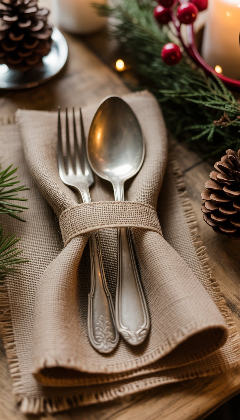 Vintage silverware wrapped in burlap napkin rings placed on a decorated Christmas table with holiday greenery and candles.