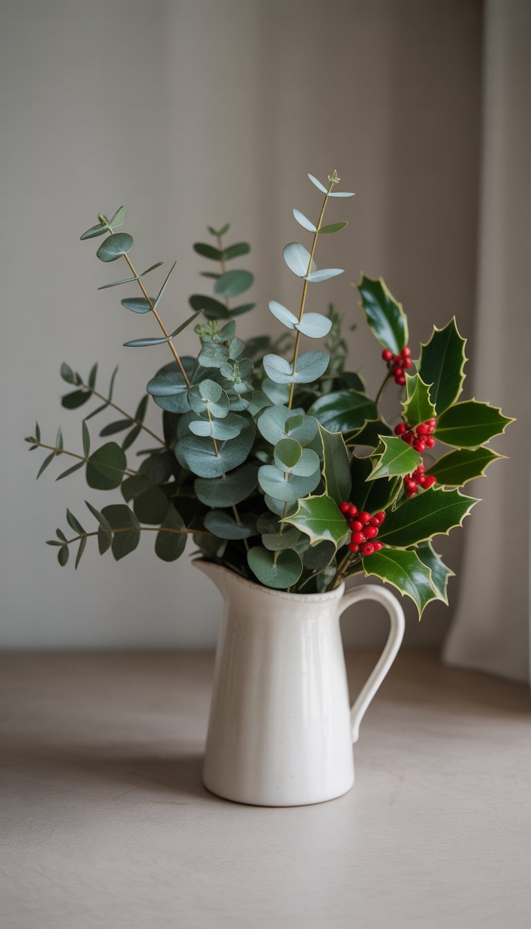 A white ceramic pitcher holding a bouquet of eucalyptus and holly branches with red berries on a neutral surface.