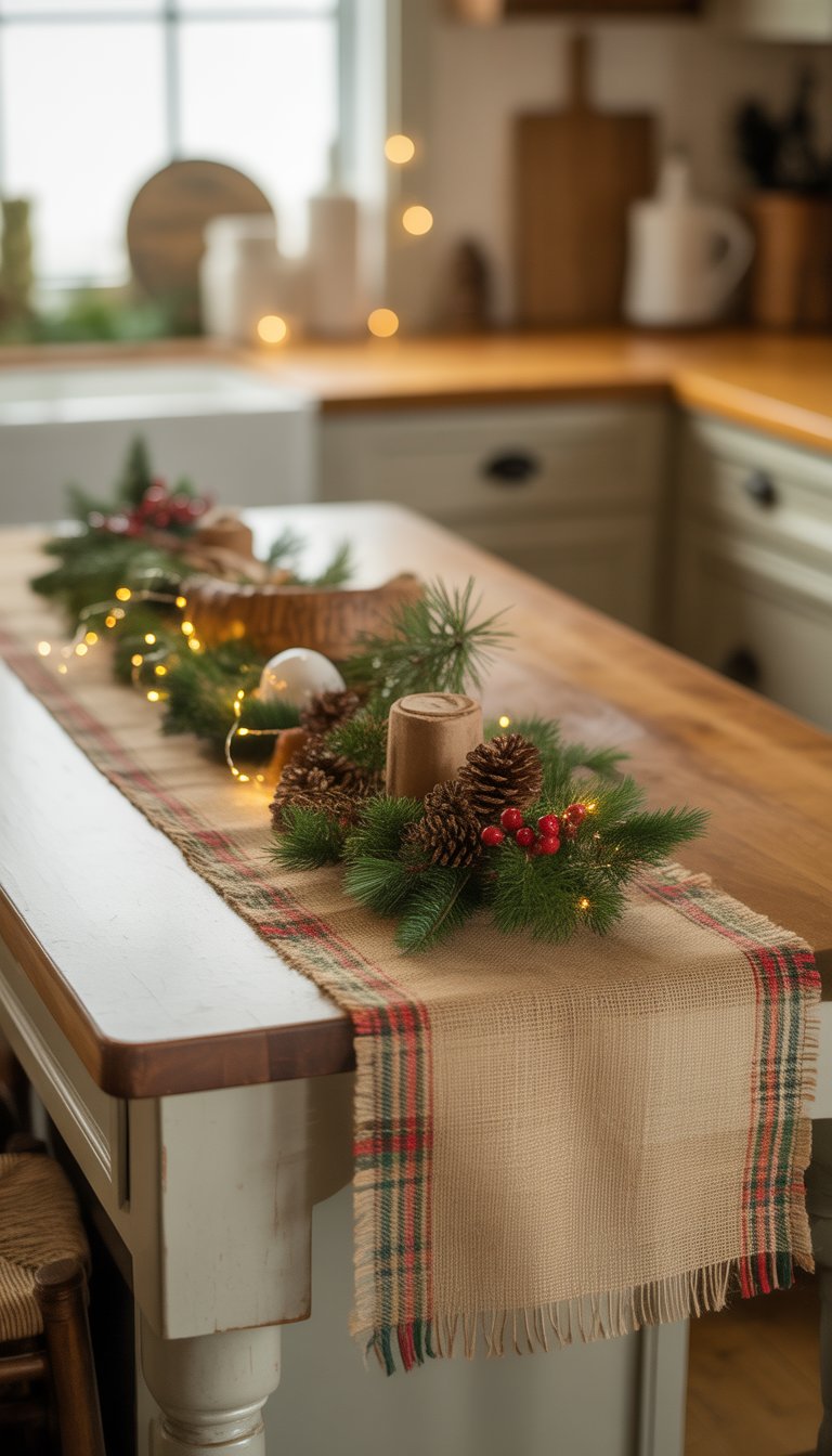 A kitchen island decorated with a burlap runner accented by a plaid ribbon, surrounded by pinecones, evergreen sprigs, red berries, and soft white lights.