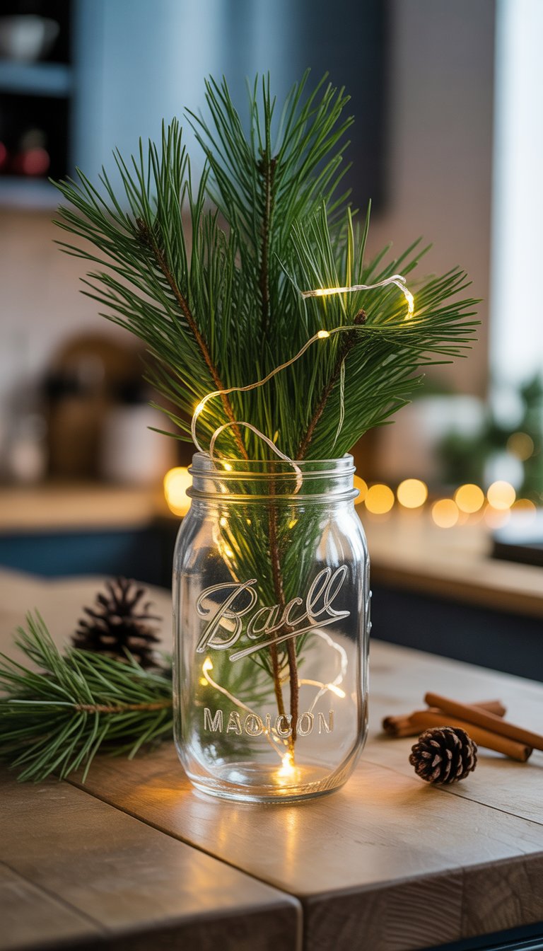 A mason jar filled with fresh pine sprigs and glowing fairy lights on a wooden kitchen island with Christmas decorations.