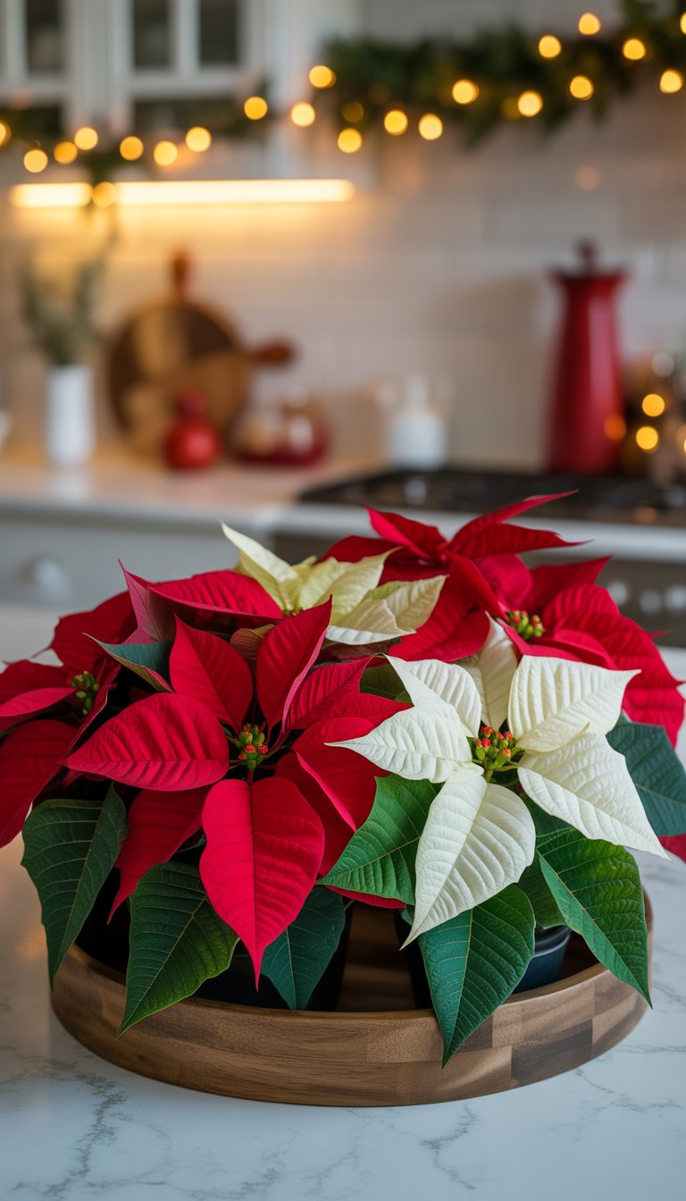 Wooden tray holding red and white poinsettias on a kitchen island decorated for Christmas.