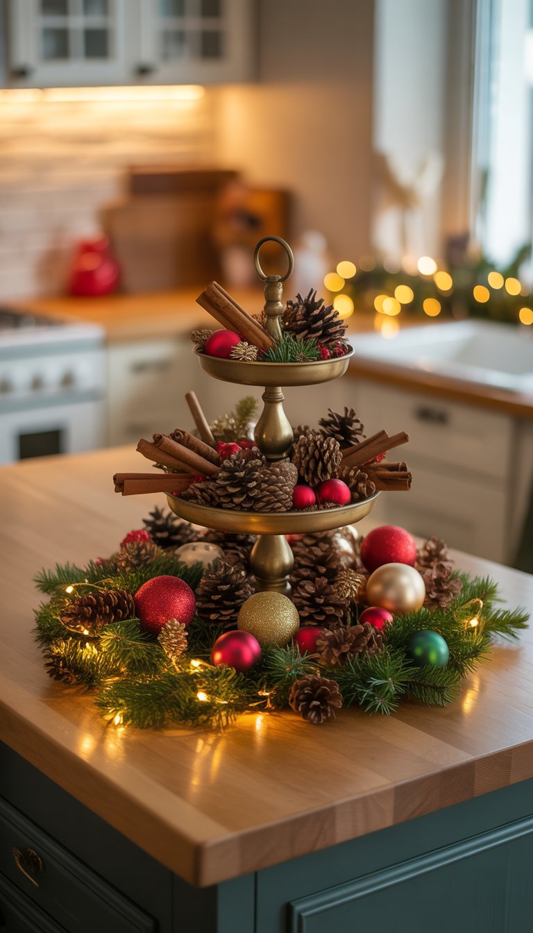 Tiered stands on a kitchen island displaying cinnamon sticks, pinecones, and small Christmas ornaments.