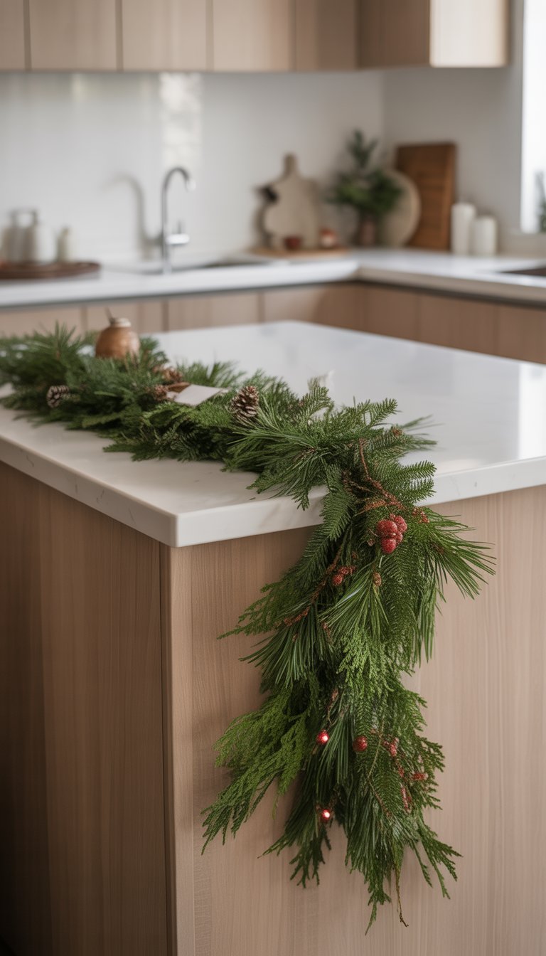 A kitchen island decorated with a simple evergreen garland draped along its edge.