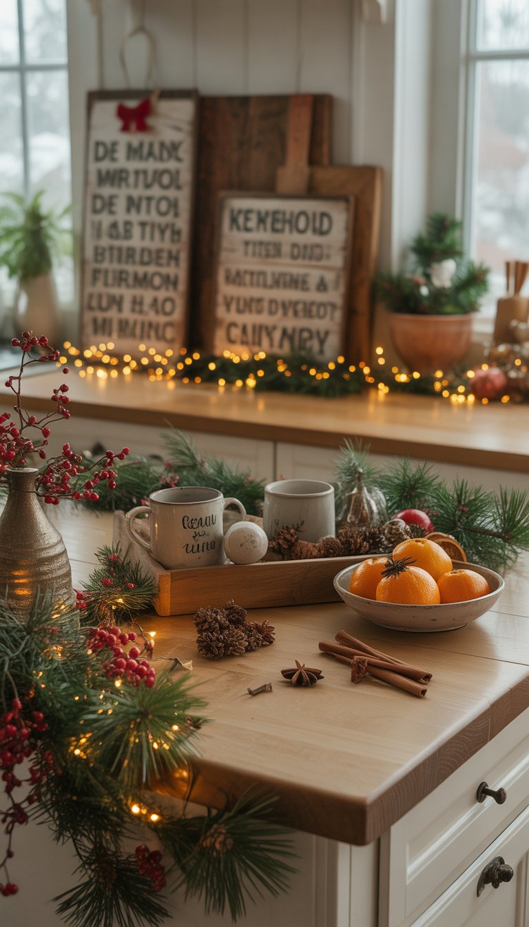 A kitchen island decorated for Christmas with wooden signs, pine garlands, red berries, cinnamon sticks, pinecones, fairy lights, mugs, holiday ornaments, and a bowl of oranges.
